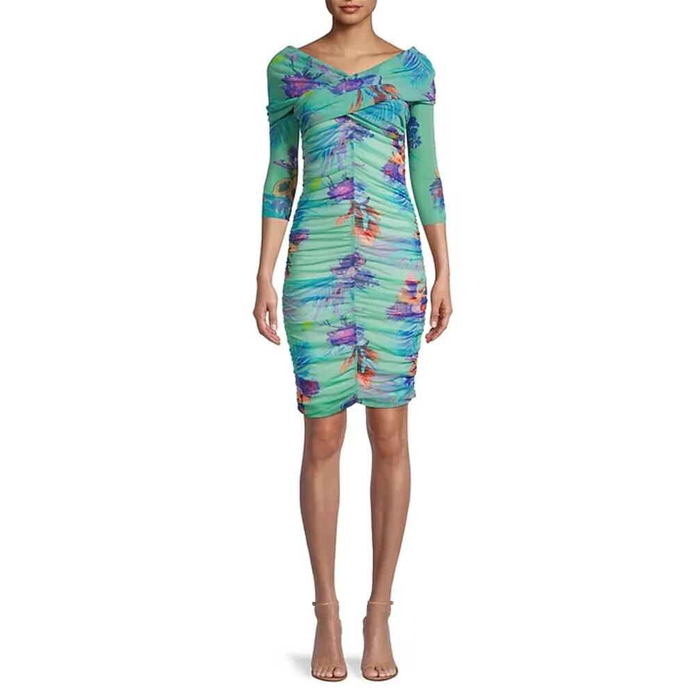 Fuzzi Tropical Ruched Mesh Mini Dress Size S Mint #C2402